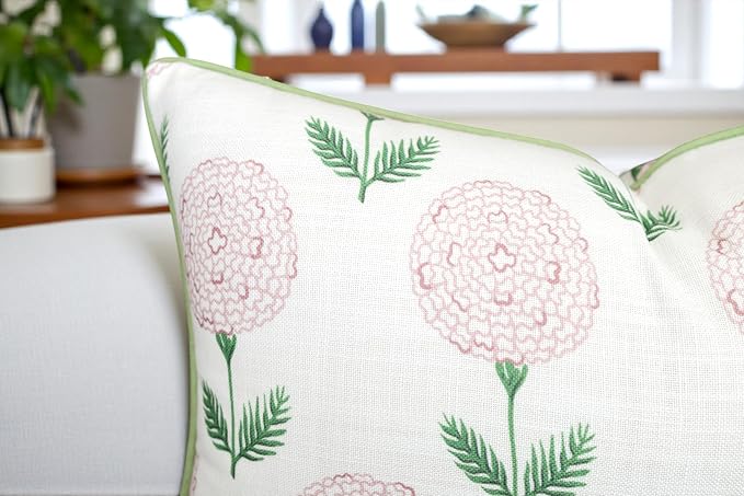 Marigold Floral Print 12x20 Lumbar Pillow Cover, Pink | Pink marigold floral on white slub, green piping; both sides printed; hidden zip; oblong, cover only