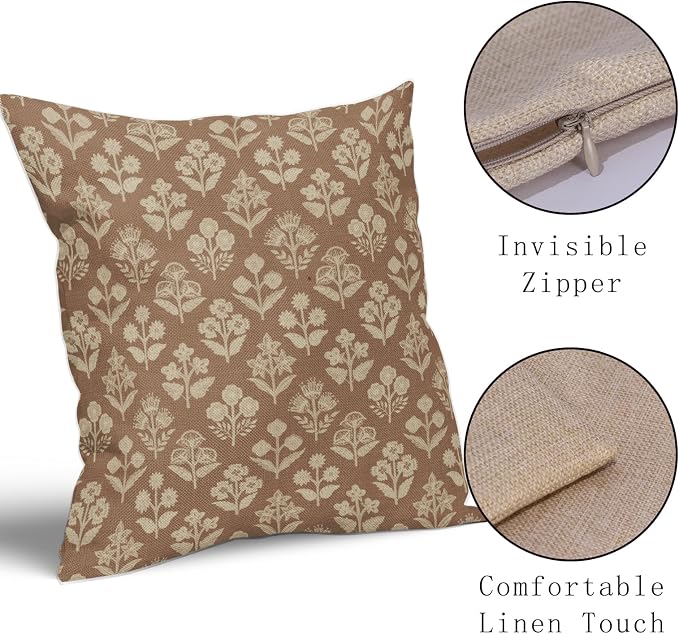 Brown Floral Block Print Pillow Covers 20x20 Inch Set of 2, Vintage Flower Pattern Decorative Throw Pillowcases Outdoor Farmhouse Cushion Covers Spring Summer Rustic Sofa Couch Bed Decor