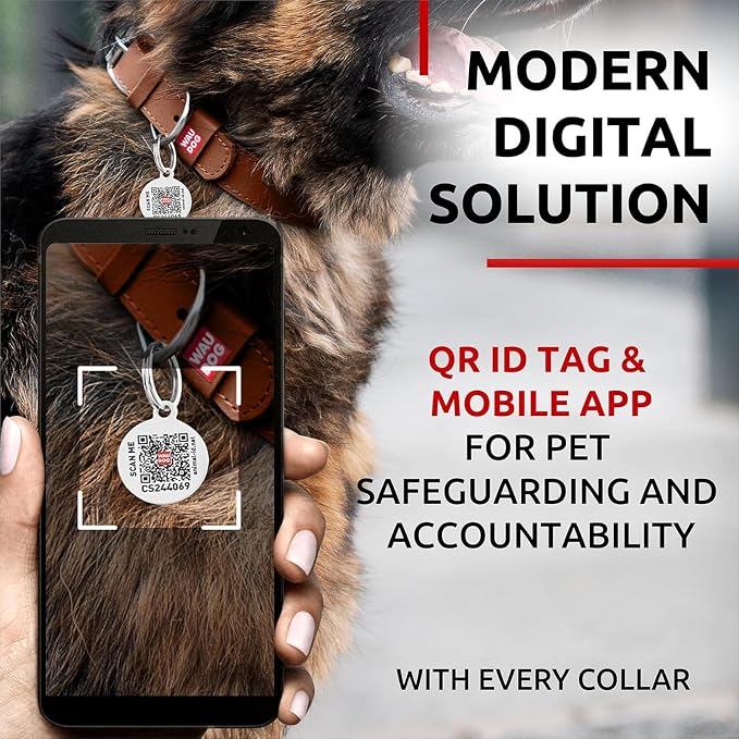 WAUDOG Genuine Leather Dog Collar Adjustable Large Medium Small QR Code Tag