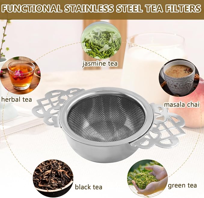 4 Pack Fine Mesh Tea Strainers with Drip Bowls, Stainless Steel Loose Leaf Tea Filter, Double Wing Handles for Mugs & Cups 2.5-4 Inch Mouth, Silver