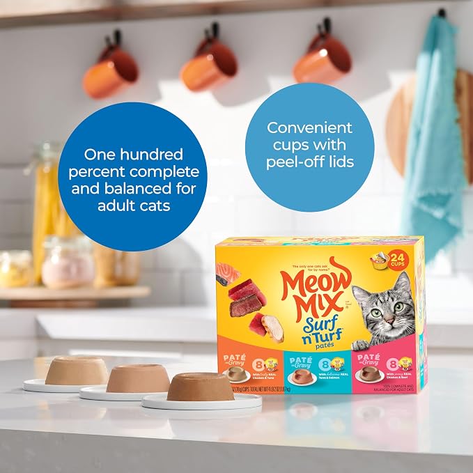 Meow Mix Surf ‘N Turf Patés, Wet Food Variety Pack, 48 Cups