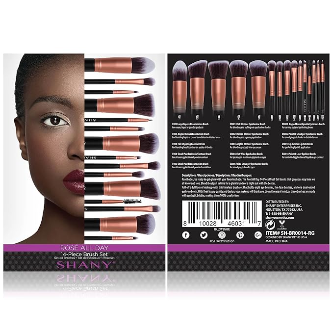 SHANY Makeup Brushes - Rose All Day - 14-Piece Brush Set – Foundation Powder Concealers Eye Shadows Makeup brushes - Complete Kabuki Makeup Brush Set in Rose Gold - 14 PCS