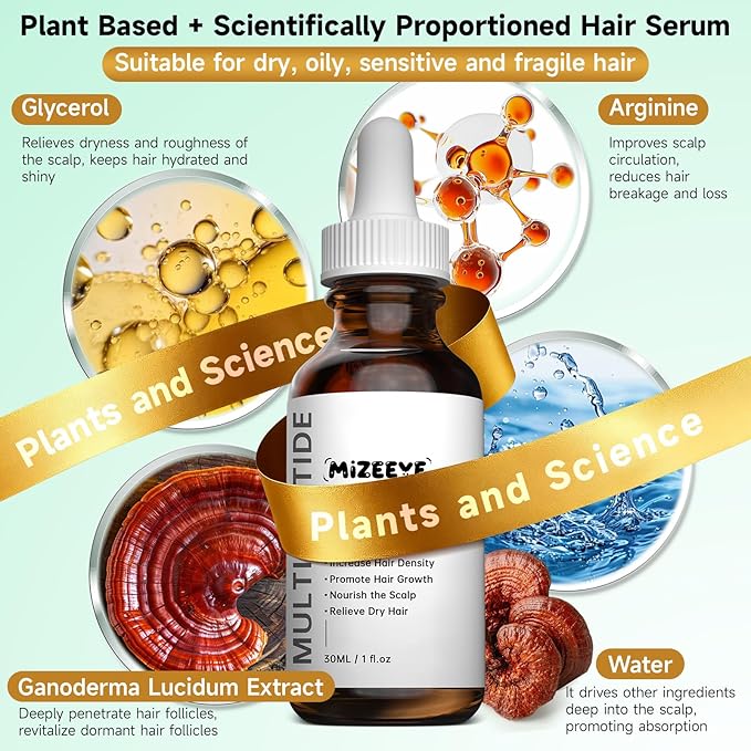Hair Growth Serum for Thinning & Frizzy Hair, 30mL Vegan & Natural Multi Peptide Serum for Hair Growth, Suitable for Men & Women.