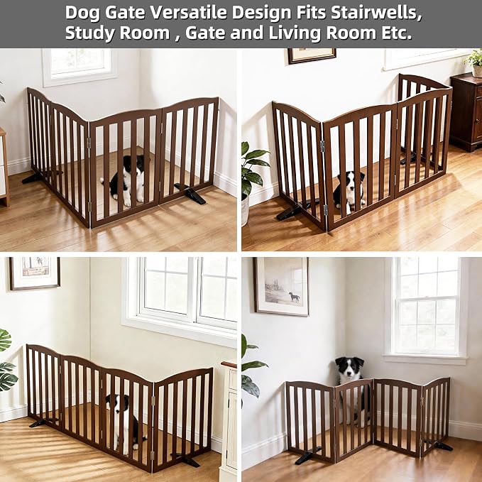 ZJSF Foldable Freestanding Indoor Dog Gate for House Wood Long Pet Gates Dog Fence for Stairs Puppy Gates for Hallways, Puppy Gate,Support Feet Included, Brown, 32 "Height-4 Panels