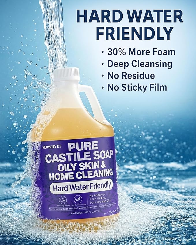 1 Gallon Pure Castile Soap Liquid Lavender Refill –EWG Verified Natural Organic Body Wash, Hard Water Friendly Bath Soap for Oily Skin,Body, Laundry & Home Cleaning 128 fl oz