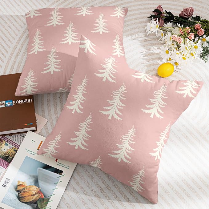 Christmas Pillow Covers 16X16 Inch Set of 2 Rustic Pink White Xmas Tree Decorative Pillow Cases Winter Holiday Cotton Linen Cushion Case Farmhouse Home Decor for Sofa Couch Bedroom