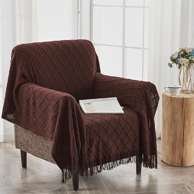 inhand Diamond Brown Knitted Throw Blanket for Couch and Bed, 50"x60" | Soft Cozy Knit Blanket with Tassel, Lightweight Decorative Blankets and Throws, Farmhouse Warm Woven for Men and Women