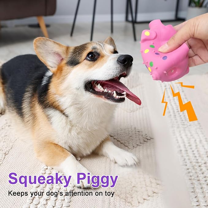Squeaky Pig Dog Toys 3-Pack, Interactive Latex Piggy Chew Toys Set with Squeak Sounds for Teething Puppy, Small, Medium Dogs (Blue+Pink+Purple)