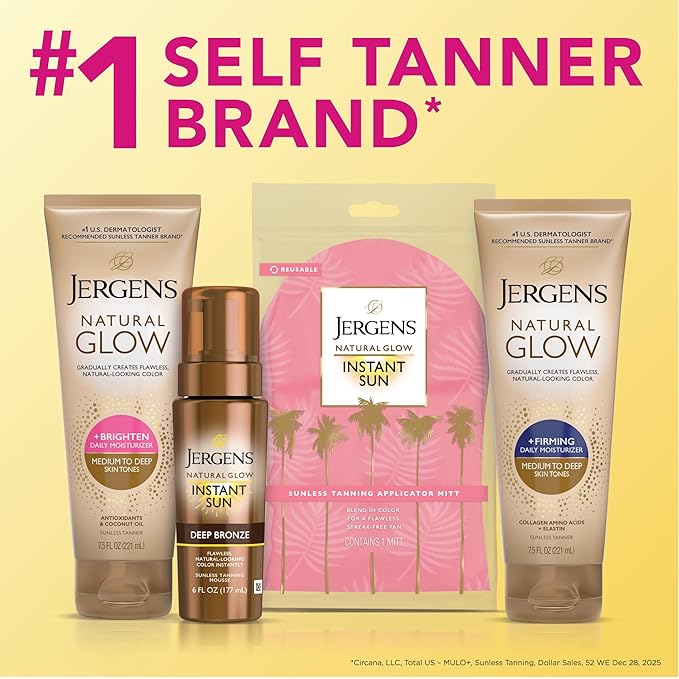 Jergens Natural Glow Self Tanner Body Lotion, Sunless Tanning, Medium to Deep Skin Tone, Daily Moisturizer with Coconut Oil, Vitamin E and Antioxidants, 7.5 Oz