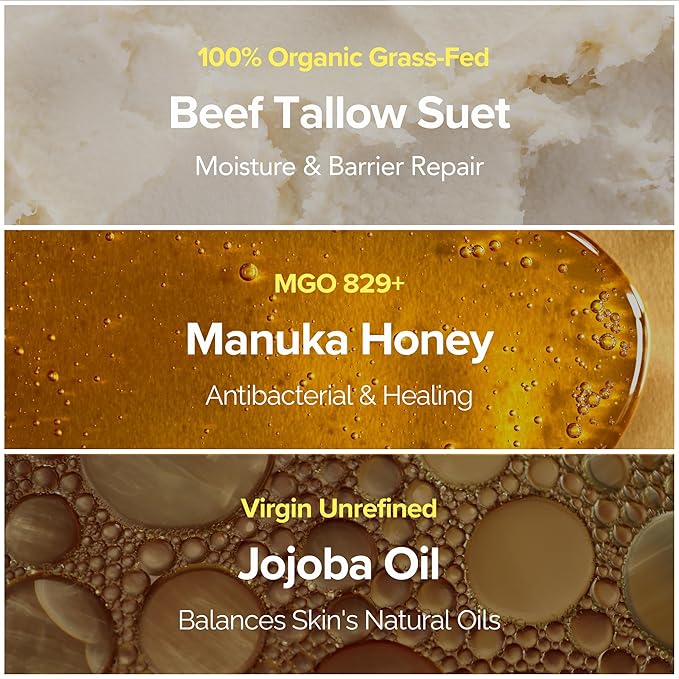 Made w/ 100% Organic Grass-Fed Beef Tallow and Manuka Honey Balm Natural Moisturizer Cream for Face & Body Eczema Relief Cream Moisturizer for Dry Skin Pure Tallow Face Moisturizer for Sensitive Skin
