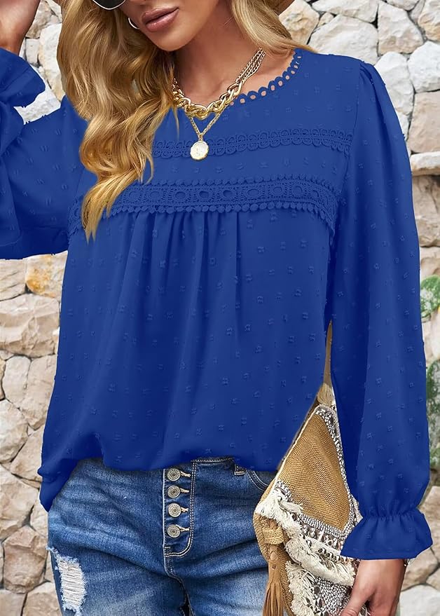 Womens Boho Tops Long Sleeve Shirts For Women Cute Crewneck Blouse Dressy Casual Swiss Dot Crochet Hollow Top 2026