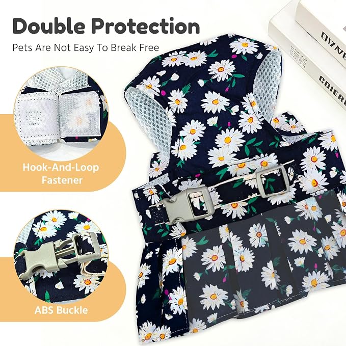 BAEJMJK Dog Dress Bowknot Harness Leash Set for Small Dogs Cats Daisy Floral Girl Dog Dresses Cute Puppy Princess Clothes Pet Doggy Outfits Spring Summer Breathable Dresses (X-Small, Navy Blue)