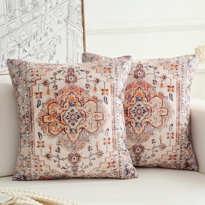 Boho Throw Pillow Covers 20x20 inch Set of 2,Boho Vintage Carpet Pattern Antique Ethnic Decor Double Sided Pattern Cushion Cover Soft Pillow Case Living Sofa Room Bed Square Pillow Cover