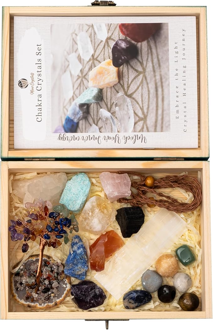 Crystal Stones Chakra Set Authentic Natural Raw Crystals Gemstones Kit Spiritual Gift - Quartz Colony Selenite Wand Rose Quartz Reiki Yoga Meditation