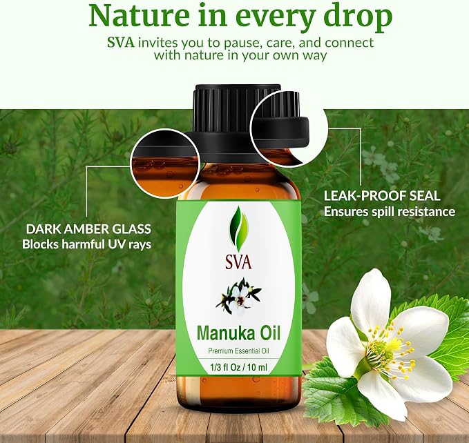 SVA Manuka Essential Oil 1/3 Fl Oz – for Diffuser, Skin & Hair Care – Ideal for Massage & DIY Blends – with Dropper