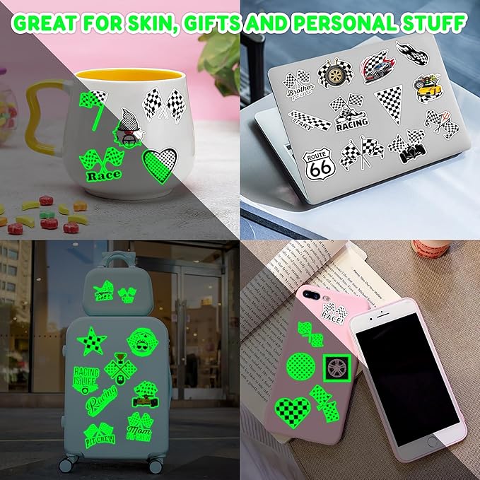 96 PCS Funny Race Car Checkered Flag Glow In The Dark Pre-Cut Black and White Temporary Tattoos Sticker Birthday Party Decorations Supplies Favors Gifts Boys Girls (Luminous)