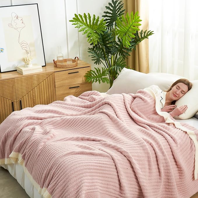 Snuggle Sac Pink Throw Blanket for Couch, Soft Cozy Ribbed Fluffy Blankets for Women, Warm Microfiber Knit Cute Throws for Girls Daughter Women Gifts for Mom, Pink, 50x70 inches