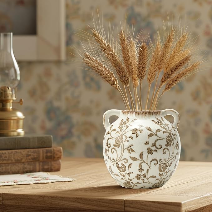 Brown Vintage Antique Vase, 5.6 Inch All Seasons Chinoiserie Floral Vase, Rustic Ceramic Vase for Home Decor, Living Room, Bookshelf, Office, Entryway, Garden, Chinoiserie Decor, Tuscan Decor