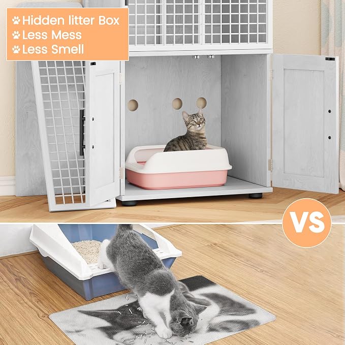 IDEALHOUSE Cat Litter Box Enclosure with Double Layer, White | Double Layer Cat Litter Box Furniture with Ladder, Creates a Private Cat Space While Keeping Living Rooms Clean and Organized