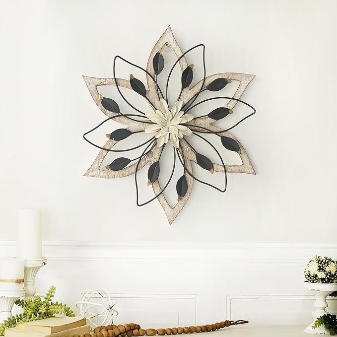 Remenna Whitewash Flowers Wood Wall Decor, Metal Rustic Wall Art Farmhouse Wall Decorations Multiple Floral Hanging Decor for Bathroom Living Room Home Office Garden Kitchen