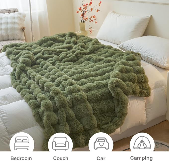 LIFEREVO Luxury Fluffy Faux Rabbit Fur Throw Blanket 60x80, Sage Green | Plush Fuzzy Bubble Lap Throw for Couch Sofa Office, Soft Moss Furry Bed Blanket Home Decoration, Washable & Skin-friendly