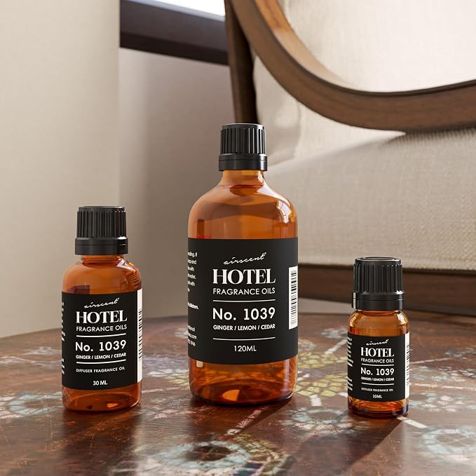 Hotel Diffuser Oil No. 1039 Inspired By The Nobu Hotel - Ginger Lemon Cedar - Premium Fragrance Oil for Ultrasonic and Waterless Diffusers and Crafting - 10 mL, 0.34 fl oz Glass Dropper Bottle