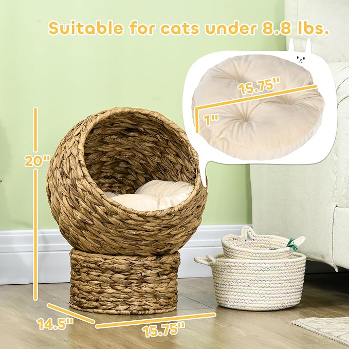 PAWHUT Egg Chair Rattan Elevated CAT Bed with Removable Cover, 17-in, Brown | Soft Cushion & Egg Chair Shape, Basket Bed Kitty House with Stand, Raised Wicker House