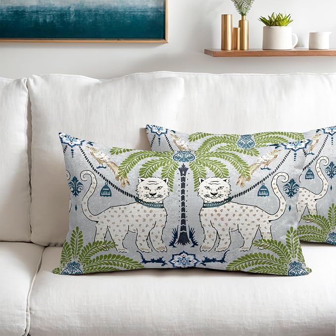 Chinoiserie Animal Print Leopard Tropical Tree Lumbar Pillow Covers 12X20 Inch Set of 2 Vintage Asian Tiger Birds Pillow Cases Green Cotton Linen Cushion Case Farmhouse Home Decor For Sofa Couch