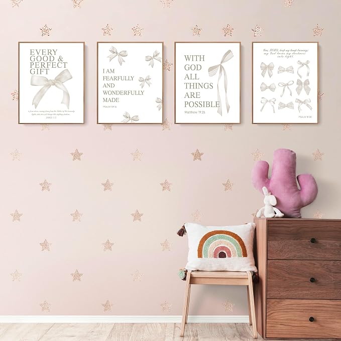 LARTSFRO Coquette Beige Bow Christian Wall Art Decor Posters, Beige Bow Christian Room Bedroom Bathroom Dorm Wall Art Decor Aesthetic for Women College Teen Girls Gifts, Inspirational Bible Verses Bow Wall Decor, 10x8 Inch Set of 4 Pcs Bow Pictures (UN...