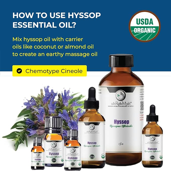 Organic Hyssop Essential Oil with Fresh Floral Scent, 100% Pure & Natural Essential Oil for Aromatherapy, Home Essential Diffuser Oil - USDA Certified Organic 2oz