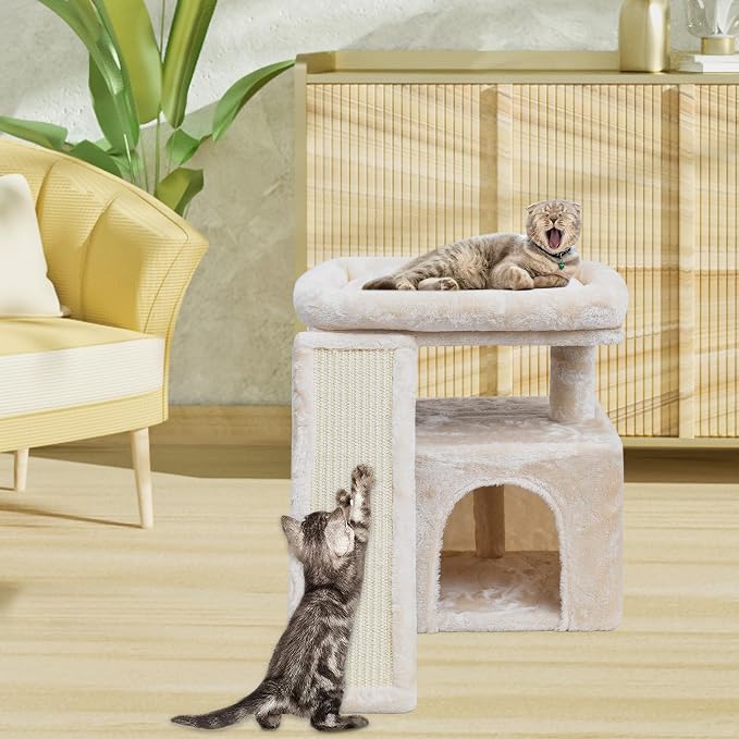 Small Cat Tree for Indoor Cats, Cat Tower with Scratching Post, Perch and Cozy Condo for Kittens and Adult Pets (Beige)
