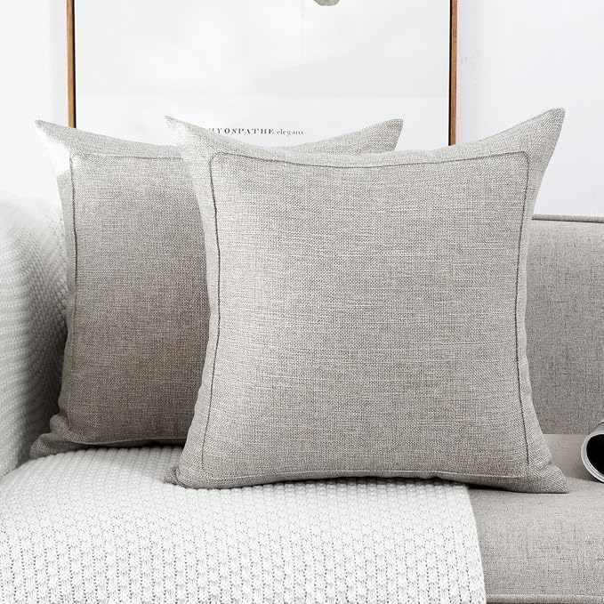 18x18 Inch Burlap Linen Throw Pillow Covers, Pack of 2 Decorative Farmhouse Rustic Neutral Pillow Cases Square Durable Cushion Cover for Sofa Couch Bed Home Decor, Beige/Khaki Threads