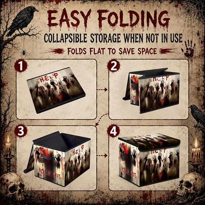 Briwooody Halloween Storage Bin with Lid and Carrying Handle Halloween Help Foldable Storage Box Large Bloody Ghost Shadow Hands Decorative Collapsible Container Basket for Closet Home Bedroom Gift