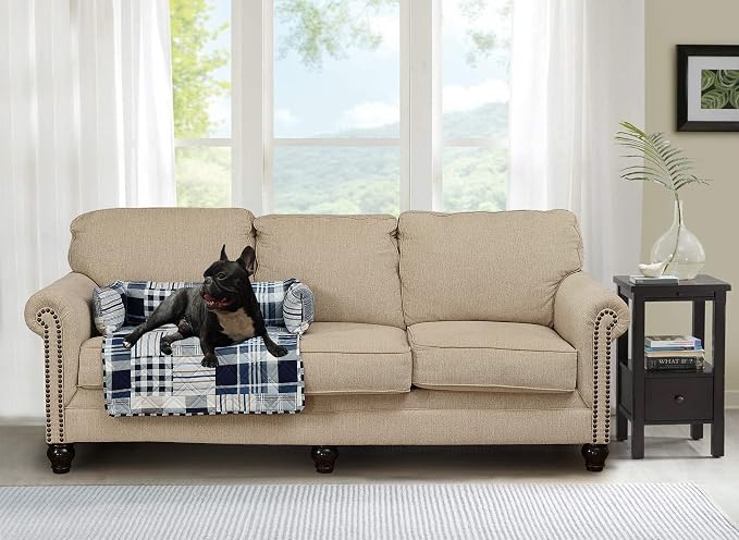 Brilliant Sunshine Blue Plaids & Stripes Dog Sofa Slipcover, Medium | Calming Pet Couch Bed with Removable & Washable Cover, Funiture Protector & Bed Mat for Dogs, Pets, Cats, 30"×32"×8"