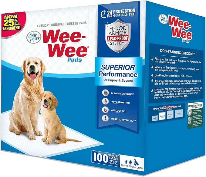 Four Paws Wee-Wee Superior Performance Dog Pee Pads, 100 Count | Quilted leak-proof puppy pads, dog housebreaking & potty training, 24-hour floor protection, pet supplies, 22" x 23"