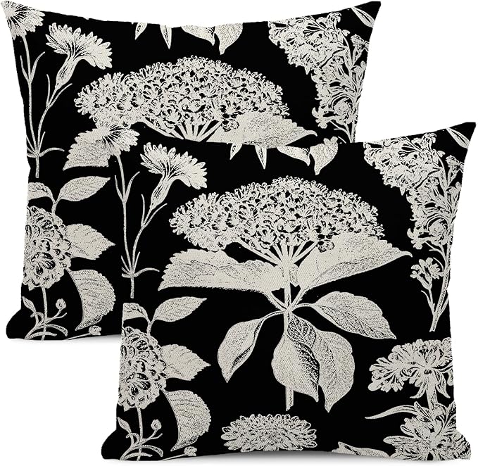 Floral Pillow Covers 18x18 Set of 2 Black Beige Hydrangea Herbs Botanical Throw Pillow Cover Outdoor Decor Vintage Boho Flower Pillowcase Farmhouse Decorative Linen Cushion Case for Home Couch