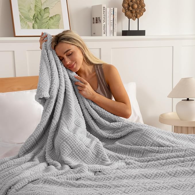 Whale Flotilla Soft Fleece Throw Blanket for Couch, Light Grey | Jacquard Waffle Blankets for Home Decor, Lightweight and Cozy, All Season Suitable, 50x60 Inch