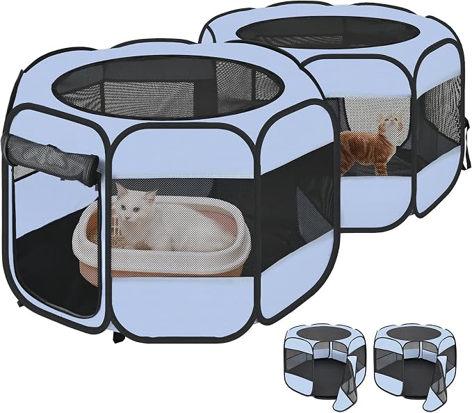 2-in-1 Cat Playpens, Detachable into 2 Separate Playpens with Additional 2 Doors, Portable Dog Playpen Cat Tent Enclosure for Kitten and Puppy Indoor Outdoor Use(M)