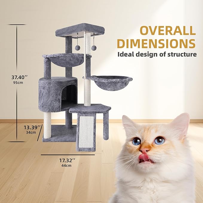 Three Layer Cat Tree with Cat Condo Scratch Pad and Two Hammocks,Grey | 3-Tier Cat Tree,Natural Sisal,Replaceable Hanging Balls,Sturdy Cat Furniture for Kitten&Adult Cat