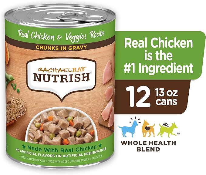 Nutrish Rachael Ray Wet Dog Food Chunks in Gravy Real Chicken & Veggies Recipe,13 oz. Can,(Pack of 24)