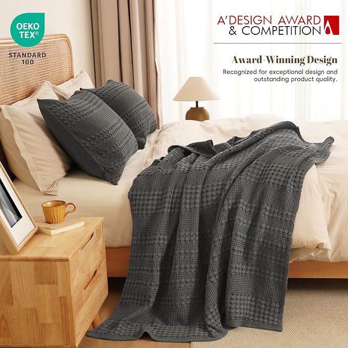 PHF 100% Cotton Waffle Weave Throw Blanket, Lightweight Breathable Summer Blanket for Couch Sofa, Pre-Washed Soft Throws for Bed, Office, Travel & Stylish Home Decor, 50"x60", Charcoal Grey