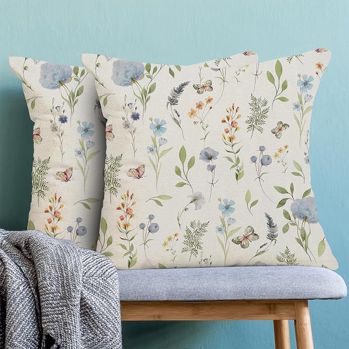 Spring Pillow Covers 18x18 Inch Set of 2, Sage Green Blue Wild Flower Throw Pillows Case,Colorful Seasonal Floral Plant Outdoor Decorative Farmhouse Decor Cushion Covers for Home Sofa Bed Couch