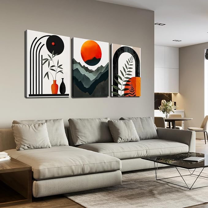 DNIEOTU Bohemian Wall Art for Living Room, Boho Geometric Shapes Canvas Wall-Decor for Bedroom, Minimalist Mountain and Moon Picture Prints, Size 16 x 24 Inches 3-Pieces