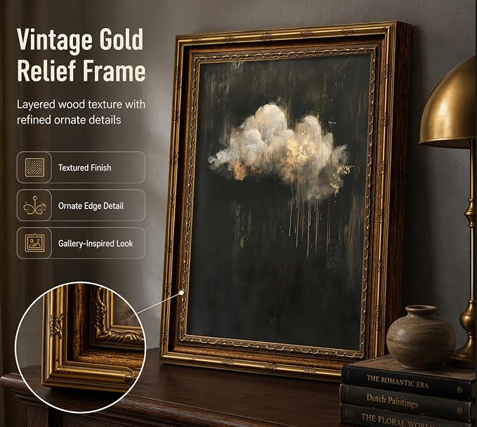 Vintage Gold Framed Cloud Wall Art Abstract Cloud Rain Landscape Canvas Print Dark Moody Cloud Picture Wall Decor Abstract Gothic Sky Landscape Academia Poster Artwork for Living Room Bedroom