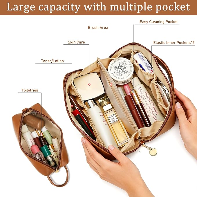 KKXIU Initial Makeup Bag for Women - Personalized Makeup Bag Gifts for Women, Travel Toiletry Bag with PU Leather, Open Flat Design with Top Handle, Cosmetic Bag Set with Multi-Pocket (Brown,P)