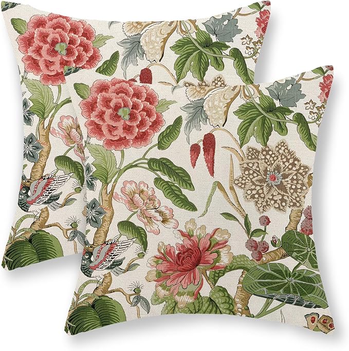 Sage Green Pink Pillow Covers 18x18 Inch Set of 2 Vintage Pink Floral Throw Pillows Chinoiserie Flower Decorative Pillow Case Outdoor Linen Farmhouse Cushion Cover for Couch Sofa Decorations