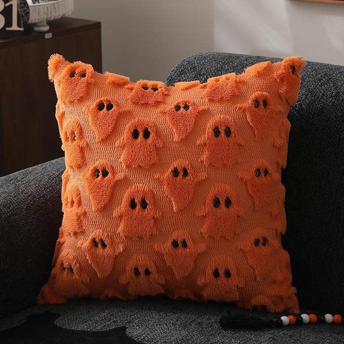 DFXSZ Halloween Pillow Covers 16x16 inch 2Pcs Orange Ghost Halloween Decor | Halloween Decorations Set of 2 Throw Pillow Cases Plush Faux Fur Wool Cushion for Chair Sofa Bedroom Living Room Home Decor