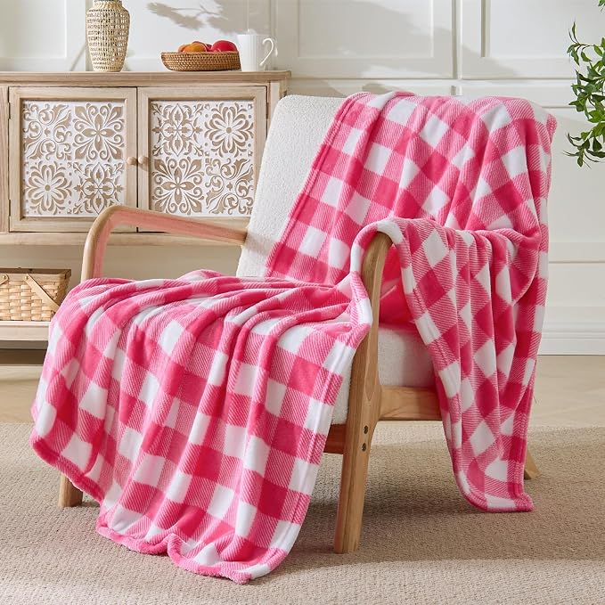 BEDELITE Plaid Fleece Throw Blanket, Pink & White Buffalo 60x80 Inches | 100% Polyester Microfibe, Soft Cozy, Lightweight Warm, Classic Buffalo Plaid, Room Decor, Gift for Women Girls, for Couch Bed