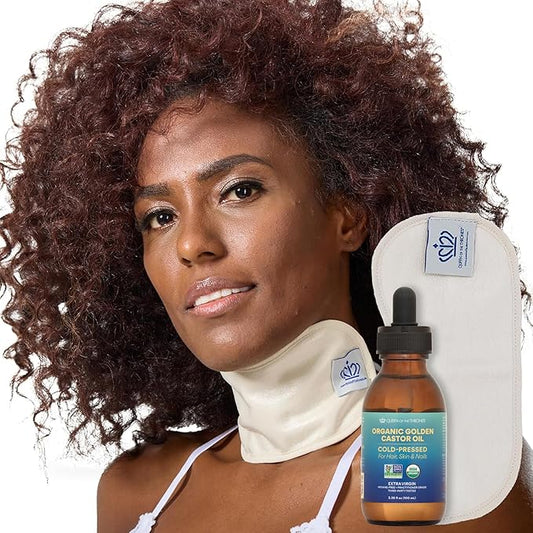 QUEEN OF THE THRONES Castor Oil Pack for Neck Less Mess, Reusable, Organic Cotton Flannel, Naturopathic Doctor Designed (Castor Oil Included)