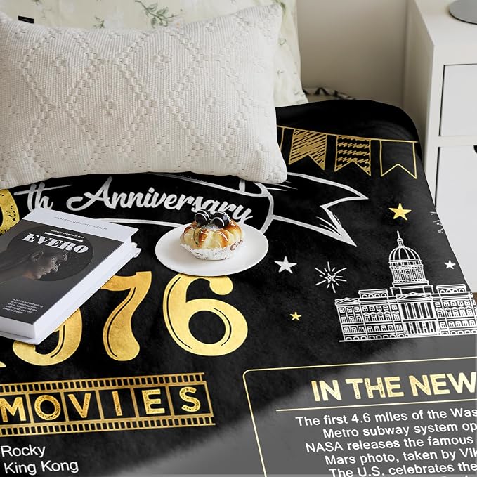 50th Anniversary Wedding Blanket Gifts Gift for 50th Wedding Anniversary Golden 50 Years of Marriage Gifts for Couple Wife Husband Dad Mom Parents Back in 1976 Blanket 60Lx50W